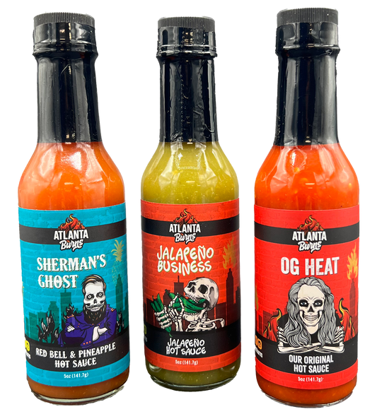 Explore the 'OG Three' hot sauce pack by Atlanta Burns, featuring our signature OG Heat, Jalapeño Business, and Sherman's Ghost sauces, perfect for adding a flavorful kick of Atlanta’s best to your meals.