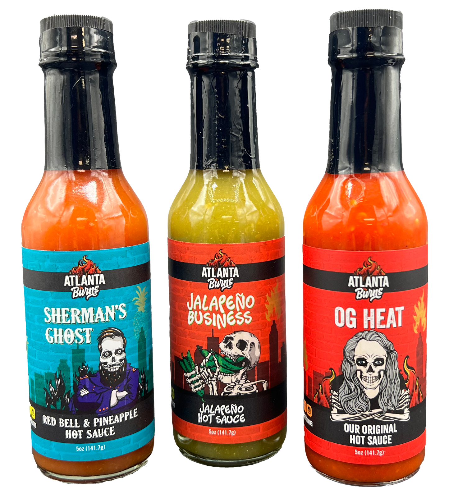 Explore the 'OG Three' hot sauce pack by Atlanta Burns, featuring our signature OG Heat, Jalapeño Business, and Sherman's Ghost sauces, perfect for adding a flavorful kick of Atlanta’s best to your meals.